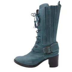 良品 BARCLAY バークレー レースアップ ブーツ ジョッキーブーツ ミドル レザー シューズ 靴 23.5cm グリーン系 青緑  レディース 古着 中古 USED