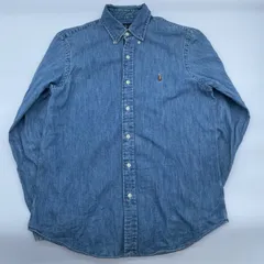 【T-4】RALPHLAUREN ラルフローレン　Mサイズ　デニム　コットン　シャツ　ブルー色　ワンポイント刺繍