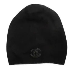 未使用 CHANEL シャネル ココマーク カシミヤ シルク ニット帽 ビーニー キャップ ラメ ロゴ 黒 ブラック グレー レディース 古着 中古 USED