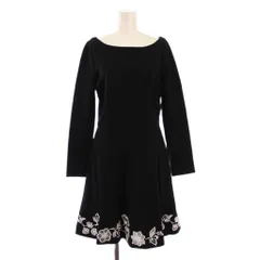 ケイトスペード KATE SPADE フレアワンピース ひざ丈 長袖 ボートネック ストレッチ 花柄 刺繍 バイカラー 4 黒 ブラック 白 ホワイト /BB