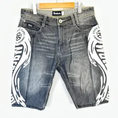 (^w^)b REALBVOICE リアルビーボイス デニムハーフパンツ ショートパンツ 綿100% プリント サーフ ストリート アメカジ 古着MIX デイリー タウンユース グレー メンズ サイズW34