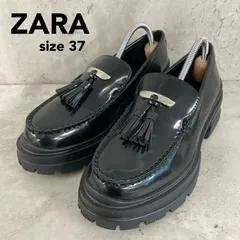 美品 ZARA ザラ トラックソールタッセルローファー 37 23.5cm 厚底ローファー エナメル ブラック 黒 メタルディテール マニッシュ ボリュームソール チャンキーソール オフィスカジュアル 通学 通勤 結婚式 フォーマル 卒業式 ★ ■■