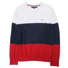TOMMY HILFIGER トミーヒルフィガー コットンニット クルーネック セーター カットソー フラッグロゴ S 白×紺×赤 メンズ レディース 古着 中古 USED