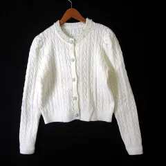 アンドノエル &Noel カーディガン ケーブル ニット パール装飾 パフスリーブ 長袖 M オフホワイト