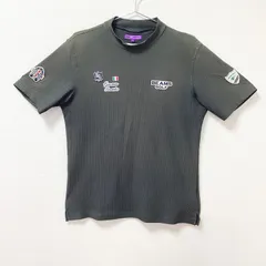 古着　美品　BEAMS GOLF　ビームス ゴルフ　吸水速乾　UVカット　半袖モックネックTシャツ　ユニセックス　Lサイズ　混紡　ブラック　黒　ワッペン　BGロゴ　イタリア国旗　ストレッチ性　機能性　パープルレーベル