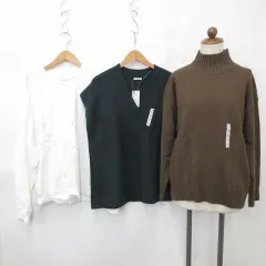 ジーユー GU チルファー Chillfar セーター ニット ベスト カットソー 3枚セット 長袖 ハイネック Vネック 丸首 茶 緑 白 ブラウン グリーン ホワイト M F