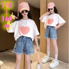 キッズ　ハート柄　ショートパンツ 110-160cm 女の子 ダメージ　ジーパン  韓国 キッズパンツ　ボトムス　ヒップホップ ゆったり　ダンス　　キッズ服　大人気　キッズデニム　デニムパンツ　ジーンズ 　ガールズデニム　 ベビー