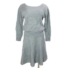 ジルバイジルスチュアート JILL by JILLSTUART ニット セットアップ 長袖 スカート ひざ丈 フレア ウール混 厚手 ビジューボタン M グレー X