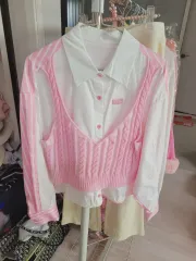 輸入ニット ベスト シャツ セット ピンク ストライプ