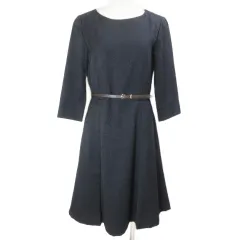 ナチュラルビューティーベーシック NATURAL BEAUTY BASIC 美品 2017 ワンピース ひざ丈 7分袖 ラメ ベルト付き S 紺 ネイビー X