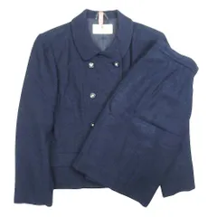 美品 courreges クレージュ サマーツイード スカートスーツ ダブルボタンジャケット 膝丈スカート セットアップ 11AR67 ネイビー レディース 古着 中古 USED