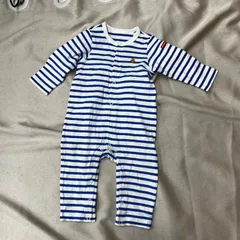 mikihouse ミキハウス　カバーオール　ロンパース　ボーダー柄　青　ブルー　白　ホワイト　長袖　ベビー　80cm くま　刺繍