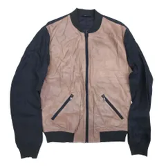 新品同様 DOLCE&GABBANA ドルチェアンドガッバーナ 羊革 ラムレザー リネン ブルゾン ジャケット 50 ブラウン ネイビー メンズ 古着 中古 USED