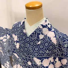 小紋 洗える着物 裄69.1cm 身丈161.5cm 花柄 袷 お洒落着 普段着 ポリエステル 青 美品 L サイズ 5201