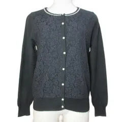 PARC LAMU パルクラミュー 美品 ニットカーディガン レースフェイクパール 長袖 クルーネック 2 M相当 黒 ブラック /X