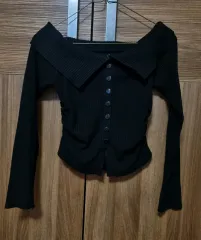 オフショルダー クロップド ニット トップス #black