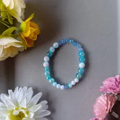 ハンドメイドビーズブレスレット／ブルー×ホワイト×ターコイズ／16cm／レディース