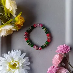 ハンドメイドビーズブレスレット／マルチカラー×ゴールドアクセント／17cm／ユニセックス