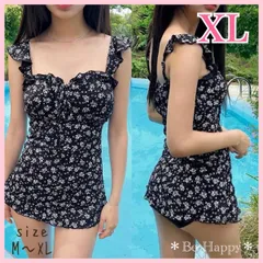 【新品】★XLサイズ★花柄 ワンピース水着/黒 レディース 体型カバー 水着