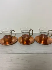 保管品　中古　銅色ホルダー付き　コップ　皿　3客セット