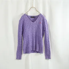 Polo Ralph Lauren ポロラルフローレン Vネック ケーブルニット セーター Sサイズ パープル 紫 レディース コットン100% 定番 ポニー刺繍 長袖 美品 きれいめ カジュアル 人気