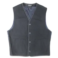 美品 90's DKNY ダナキャラン ニューヨーク リネン混 ベスト ジレ 異素材切替 Vネック ヴィンテージ S チャコール×ネイビー メンズ 古着 中古 USED