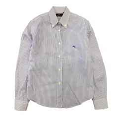 ETRO エトロ ギンガムチェック ボタンダウン シャツ ブラウス カットソー ロゴ 刺繍 40 青 ブルー 白 ホワイト レディース 古着 中古 USED