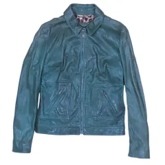 美品 DOLCE&GABBANA ドルチェアンドガッバーナ レザージャケット ブルゾン レオーパード裏地 アウター 革 38 緑 レディース 古着 中古 USED