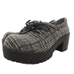 ヌオーヴォ NUOVO ローファー 厚底 ヒール チェック柄 レースアップ S グレー 黒 ブラック /GV