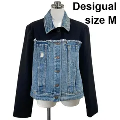 ◇ デシグアル Desigual ハイブリッド デニムジャケット フリンジ 異素材ミックス ダメージ加工 ブルー 黒 毛 綿 M 9号 レディース S6B072