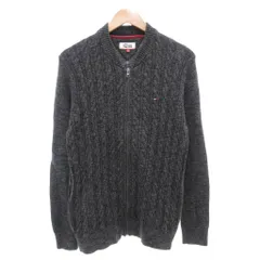 トミーヒルフィガー TOMMY HILFIGER DENIM ニットジャケット M ジップアップ ケーブル編み ロゴ 刺繍 コットン グレー /AE