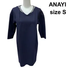 ◆ アナイ ANAYI ワンピース 膝丈 7分袖 ビジュー Vネック ネイビー ウール 36 S 7 レディース Z6B723