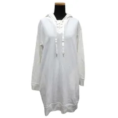 美品 CHAMPION チャンピオン スウェット ワンピース パーカー フード ロゴ プリント 編み上げネック チュニック プルオーバー サイズF レディース 古着 中古 USED