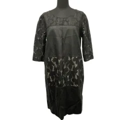 RITSUKO SHIRAHAMA リツコシラハマ フェイクレザー ワンピース ドレス カットソー レース 七分丈 Ｍ 黒 ブラック レディース 古着 中古 USED