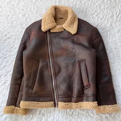 美品 ZARA ザラ フェイクムートン ボアジャケット ライダース ダブル ブラウン 古着 1681