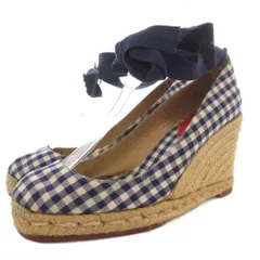 クリスチャンルブタン Christian louboutin ウェッジソールパンプス ハイヒール 23.5cm 紺 ネイビー 白 ホワイト ギンガムチェック アンクルタイ /GV
