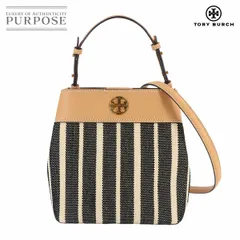 未使用 展示品 トリーバーチ TORY BURCH ストライプ 2way ハンド ショルダー バッグ キャンバス レザー ブラック ベージュ 90309310