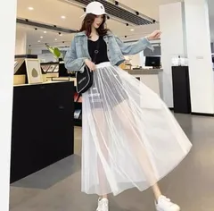 ＜在庫処分＞レディース メッシュスカート 白 85cm XL 透け感 ミディ丈 シアースカート 体型カバー フェアリースカート 防蚊 UVカット 夏 コーデ用 bu1