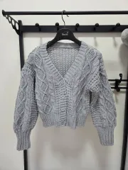 Free グレー ケーブル編み ニット カーディガン クロップド