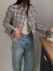 ウィンター ウール混 ツイード ジャケット 韓国国内製作 新作 冬コーデ ウール混 年末 年末コーデ ノーカラー