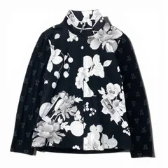 11b6【美品】LEONARD SPORT レオナール スポーツ ハイネックジップアップニットジャケット 美しい花柄プリント 素材切替 0558331 42サイズ モノトーン レディース 女性用u02t