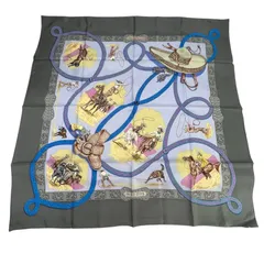 □　エルメス HERMES カレ 90 CHARREADA チャレアーダ カウボーイ 馬 ロデオ スカーフ シルク グレー マルチカラー レディース 【中古】