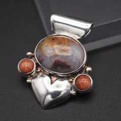 M005 アゲート 瑪瑙 メノウ STERLING刻印 ペンダント トップ ハート デザイン シルバー チャーム ヘッド