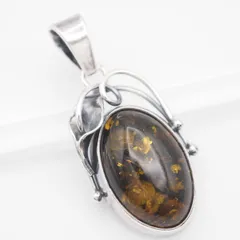 M035 琥珀 コハク アンバー 925刻印 ペンダント トップ デザイン シルバー チャーム ヘッド