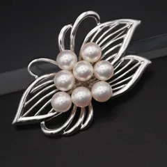 M595 本真珠 7.4mm8珠 パール SILVER刻印 ブローチ リーフ デザイン シルバー コサージュ 6月誕生石