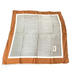 イヴサンローラン YVES SAINT LAURENT 美品 ヴィンテージ スカーフ YSLロゴ 総柄 絹 シルク 茶 白 ブラウン ホワイト 0204