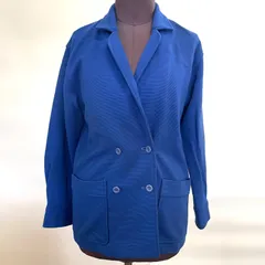 【k-6】レディース　ブルー　ニットジャケット　ダブルボタン　ウール混　ショート丈　古着　Mサイズ