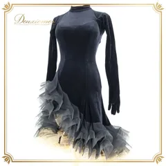 社交ダンス 衣装 ラテン ドレス ワンピース ヤナギダダンスウェア YANAGIDADANCEWEAR フリル ベロア アームカバー 手袋 おしゃれ 高級感 デモ 競技 ダンス パーティ 発表会 金 黒 ブラック系 ゴールド系 フリルデザイン 高級ドレス