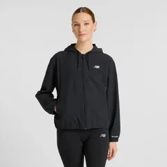 ニューバランス ウィンドブレーカー 長袖 レディース Newbalance ストレッチウーブンジャケット フルジップ アウター 吸汗速乾 ドライ フード付き トレーニング  スポーツウェア  レディースウエア 黒 ブラック 服/AWJ51503-BK