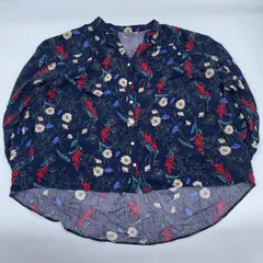 【T-7】GLOBAL WORK 花柄　ブラウス　レディース　Mサイズ　レーヨン100% ネイビー　フラワー　総柄　長袖　ゆったり　薄手　春　秋
